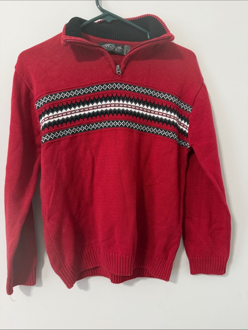 Retrofit Red Half-Zip Sweater with Black & White Stripe Pattern-Size YLarge